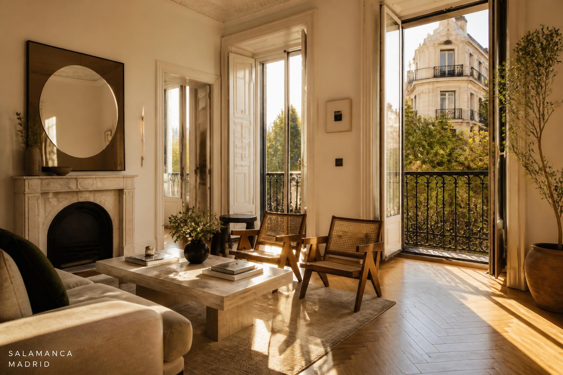 Sunlit classic Madrid apartment with open balcony doors in the Salamanca district